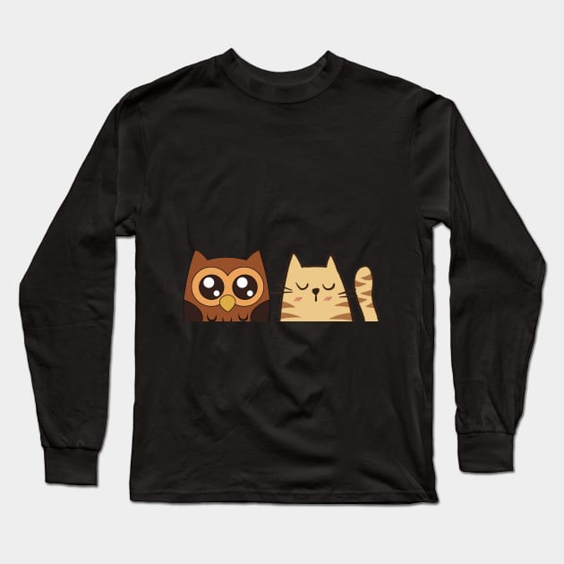 a cat and an owl Long Sleeve T-Shirt by Amadej